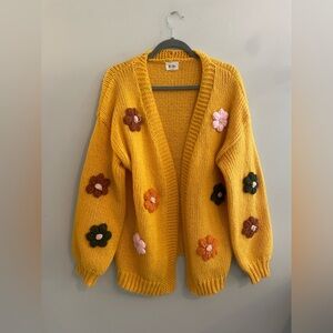 BIBI Mustard Yellow Cardigan Sweater with 3D Flowers